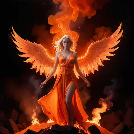 a hyper-detailed photo of a blonde female angel made of fire rising from a lava pit, ((surrounded by flames on fire)), orange satin dress [flames:0.7], intense heat, embers, sparks, opaque smoke, orange and red gradient, (body on fire), (airbrush)  <lora:add-detail-xl:1>  <lora:zavy-flrscnc-sdxl:0.4> zavy-flrscnc, fluorescent, fluorescent dust