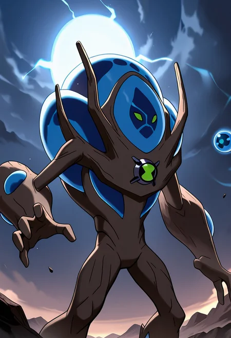 masterpiece, best quality, amazing quality, very aesthetic, absurdres, newest,
,ultswam, standing, pokemon (creature), solo, green eyes, monster, brown skin, alien, massive arms, no humans, 
from the sky, falling throwing orbs, blue orbs, magic ball orb, floating orbs, clouds,