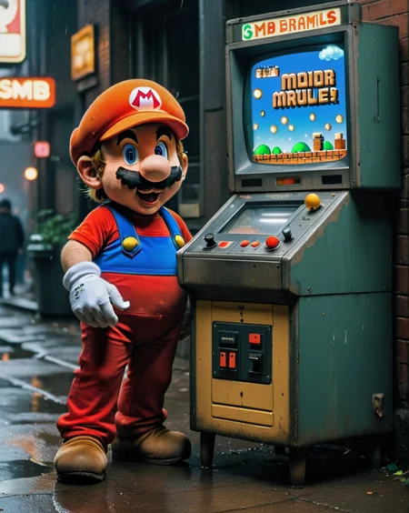 <lora:SMB Artstyle - V1 - Trigger is SMB Artstyle:1> smb artstyle, Movie sequence featuring smb artstyle , uncovering old posters in a weather-beaten carnival game stall, illuminated by the soft light of her flashlight, captured up close, revealing remnants of joy.