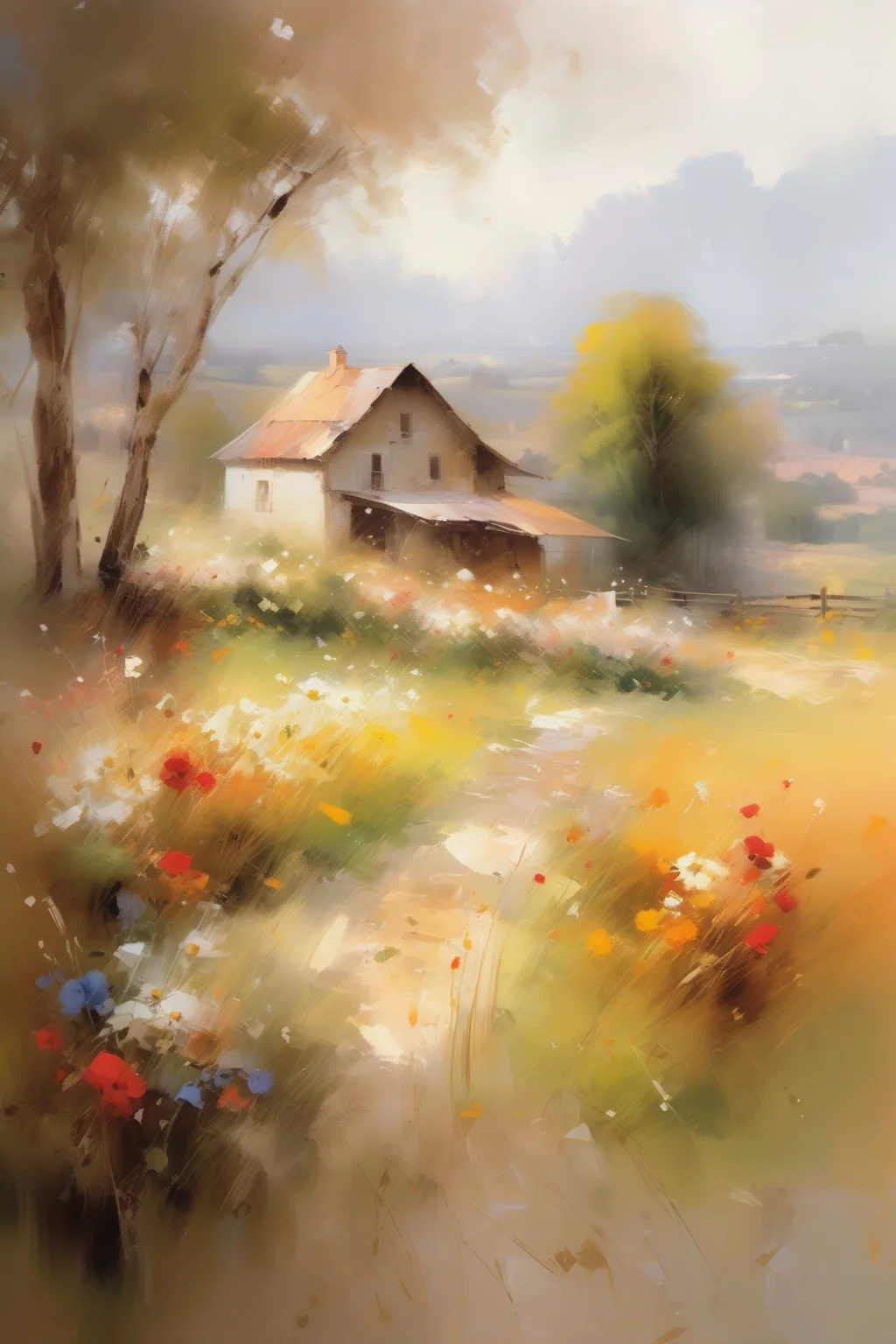 <lora:Willem Haenraets Style:1>Willem Haenraets Style - Serene countryside landscape with blooming wildflowers and a rustic farmhouse nestled in the distance. Warm earth tones and delicate brushstrokes capture the essence of nature.