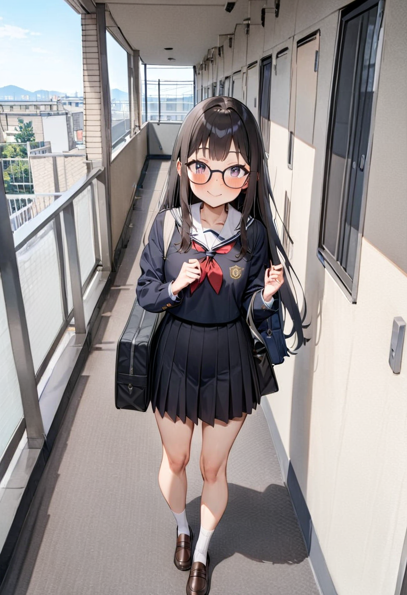 masterpiece, best quality, very aesthetic, absurdres,
1girl, glasses, black hair, long hair, school uniform, school bag, smile, blush, solo focus, standing, looking at viewer, 
rouka, hallway, scenery, window, building, day, sky, door, outdoors, blue sky, cityscape, city, real world location, 
 <lora:JProuka_apartment_hallway_SDXL_V1:1>
