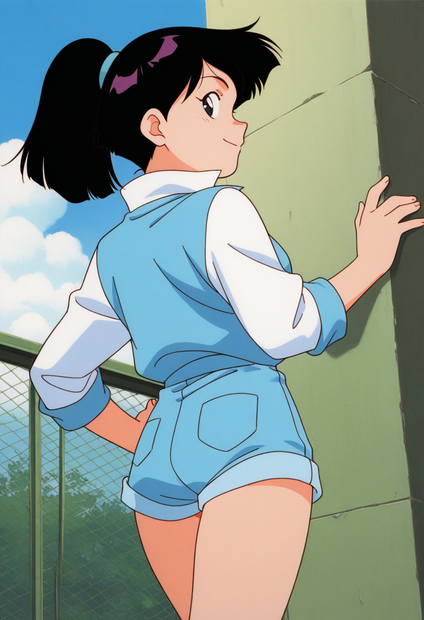 masterpiece, best quality, source_anime,official art,perfect_anatomy,1990s_\(style\),retro_artstyle,1girl,Maria Shiratori,black_eyes,black_hair,ponytail,collared_shirt,shorts,profile,looking_at_viewer,smile,back,hip,thighs,cowboy shot,hand on hip,from behind,day,blue_sky,cloud