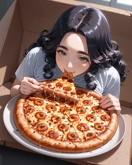 PonyScores7, source_anime, rating_safe, ah1, 1girl, (curly hair), long hair, (black hair:1.4), mature female, (parted hair:1.7), (round face:1.2), (no_bangs:1.3), (no_fringe:1.6), (thick eyebrows:1.2), (curvy), round-chin, (greenish hazel eyes), caucasian, (downturned eyes:1.2), (plump face), <lora:ETO_OCPonyXL:0.5> eto_oc, (skindentation), (plump), thick thighs, wide hips, busty, voluptuous, kinky curls, lips, bad-hands-5, <lora:venus body PonyXL:0.4>, <lora:xl_more_art-full_v1:0.2>, <lora:shinyskin2:0.2> glistening skin, <lora:aesthetic_anime_v1s:0.2>, <lora:Expressive_H:0.2> Expressiveh, <lora:hairdetailpxl:0.2> hairdetailpxl, <lora:EpicF4nta5yXL:0.2>, <lora:detailxl:0.2> detailxl, <lora:Fant5yP0ny:0.2>, best quality, amazing quality, best aesthetic, absurdres, <lora:expressive eyes:0.2> expressive eyes, <lora:eyedetailpxl:0.2> eyedetailpxl, illustration, Volumetric_Lighting, ultra-detailed, very aesthetic, intricate details, 8k, masterpiece, best_quality, smile, (High Angle view Extreme Close shot (focus on feet)), (a time traveler navigating through different eras), <lora:Eyes_High_Definition:0.6> EyesHD, looking at viewer, (((gravel Cyberpunk Rocker's Gear))), <lora:Facestuffing_lora:0.8> face stuffing, eating pizza, pizza box, pizza slice,