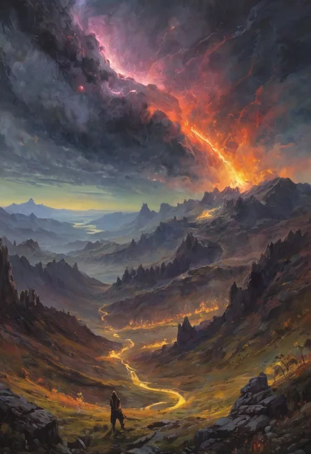 grotesque creatures, In a dramatic scene, a meteor shower lights up the night sky, turning it into a burning spectacle of fire and light. Meteors streak across the heavens, leaving trails of flame as they descend. Below, a wide valley is bathed in the fiery glow, the landscape illuminated by the falling celestial bodies. Each meteor blazes brightly, creating a stunning contrast against the dark sky. The valley is a mix of shadows and vibrant light, with the burning sky above transforming the serene landscape into a scene of awe-inspiring natural power. moonlit night.romantic impressionism, dream scenery art, beautiful oil matte painting, romantic, beautiful digital painting, anime landscape, romantic painting, dreamlike digital painting, colorful painting, thick brushstrokes characteristic, rough stroke, beautiful gorgeous digital art, style Karol Bok, Brian Froud, Wendy Froud, Guy Davis, Sergio Sandoval