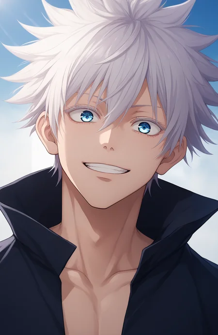 score_9, score_8_up, score_7_up, score_6_up, BREAK, source_anime, rating_explicit, masterpiece, best quality, detailed background 
 <lora:Gojou_Satoru_JUJUTSUKAISEN_Culty:0.8> short hair, 1boy, white hair,spiked hair,  gojou satoru, blue eyes, colored eyelashes, hair between eyes, black jacket,upper body, surprised, smile, looking at viewer, dutch angle,