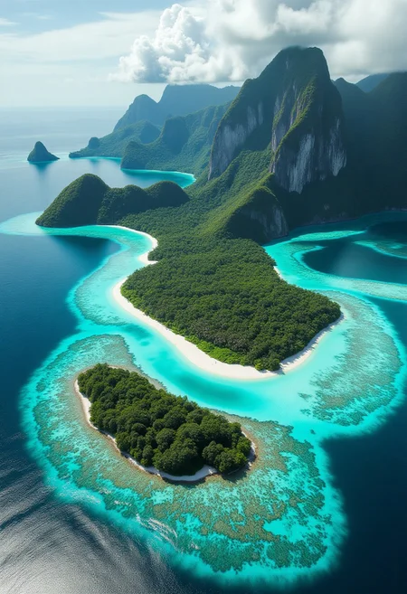 Aerial view of a pristine archipelago, turquoise waters dotted with lush emerald islands. Intricate coral reefs visible beneath crystal-clear shallows, forming mesmerizing patterns. White sandy beaches curve along island edges, contrasting with dense tropical forests. Dramatic cliffs on larger islands, their faces etched with cascading waterfalls. Sunlight glimmers off wave crests, creating a sparkling tapestry across the ocean surface. Clouds cast soft shadows, adding depth to the scene. Rich biodiversity evident in the vibrant colors of flora and fauna. 8K resolution, hyper-detailed, masterpiece quality, perfect lighting, intricate textures.