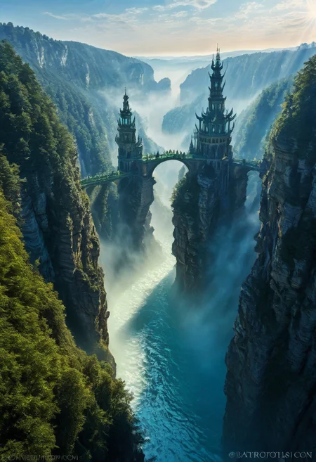towers ringed in mist, sunrays, mixed media, surrealism, fantasy, great lighting, A surreal landscape highly detailed, extremely high-resolution details, appears trapped in an optical illusion of reflections and refractions colorful, Zhangjiajie mountains, Vienna in contemporary Austria, baroque architecture, stone bridges, winding rivers extending to the horizon, professional photography, natural lighting, volumetric lighting maximalist. vivid, vibrant colors, intricately detailed, complex, elegant, expansive, fantastical, film photography style, medium grain,