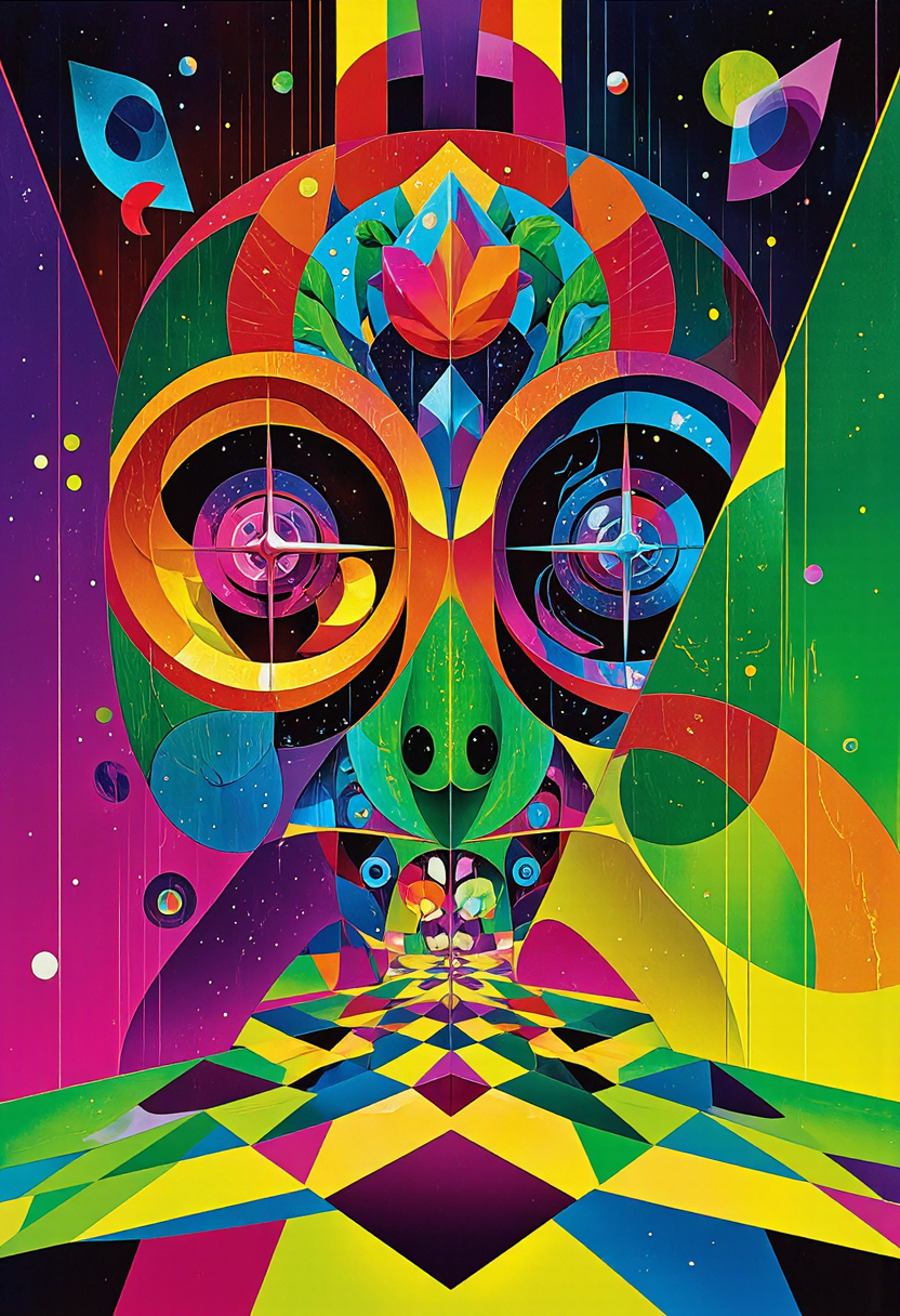 <lora:Pieper-Geometrics-Afterlife:0.8>,Op-Art, A masterpiece of sci-fi style created by the collaboration of Pierre Bonnard and Francisco Goya. The main objects are sliced at intervals along a diagonal, with each interval featuring a different material: the first material is leaves, the remaining materials are those that the main object would originally have. HD32K, hyperdetailed, best quality, aidmaMJ6.1, Geometric Shapes, light fill the shapes becoming more and more transparent and brilliant. patterns dance and constrict and pulse.
