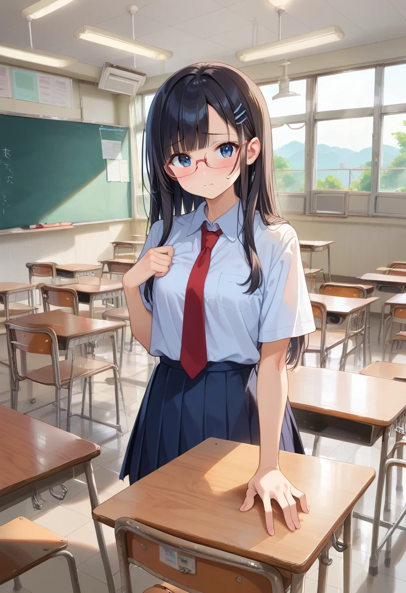 score_9, score_8_up, score_7_up, rating_safe, masterpiece, best quality, absurdres, unity 8k wallpaper, official art, official style, source_anime, uncensored, game cg, megami magazine,
1girl, solo, glasses, black hair, long hair, blue eyes, collared shirt, red necktie, pleated skirt, blue skirt, looking at viewer, blush, embarrassed,
kyoshitsu, classroom, chalkboard, indoors, scenery, school, school desk, school chair, ceiling, window, ceiling light, tiles, sunlight, tile floor, speaker,
<lora:gakkou_kyoshitsu_PONY_V1:1>