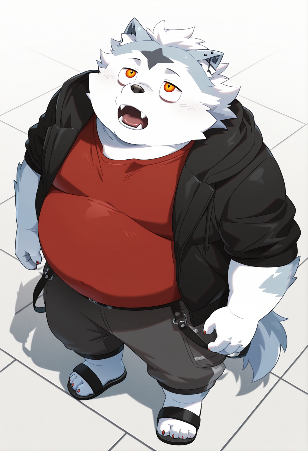 valkianiki, 1boy, solo, furry, from above, standing, looking up, fangs, red shirt, hooded jacket, sandals, capri pants, belt, suspenders hanging, overweight, slightly open mouth