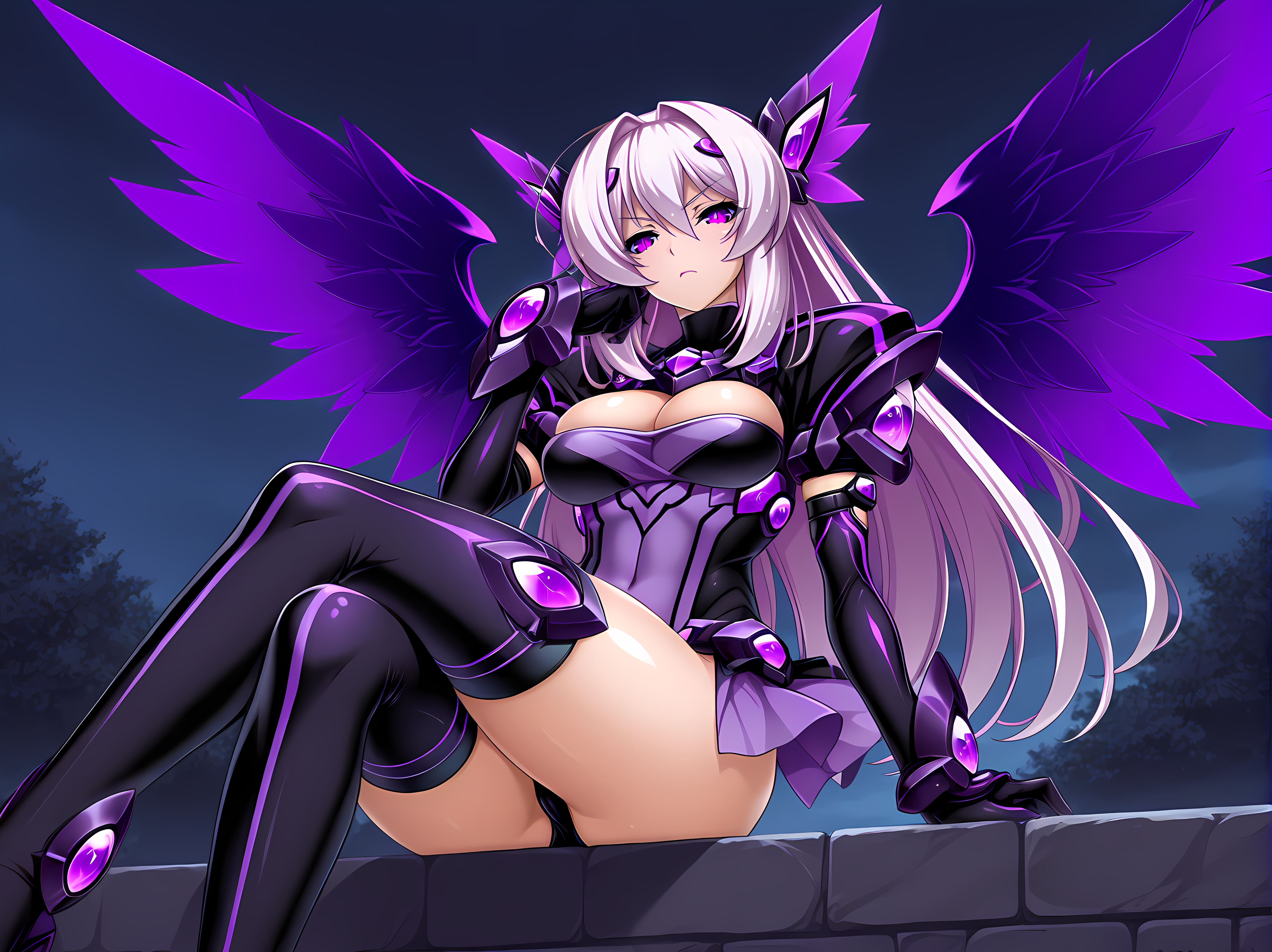 1girl,<lora:Marina_Katsuragi_-_Exstia_Illustrious:1>,dark exstia,dark persona,lusterise,large breasts,outdoors,sitting,crossed legs,looking at viewer,v-shaped eyebrows,disdain,, masterpiece,best quality,amazing quality,