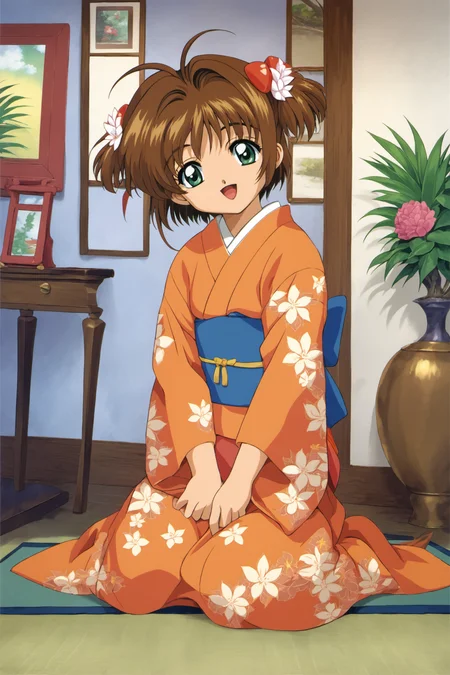 kinomoto sakura, 1girl, japanese clothes, seiza, kimono, brown hair, floral print, flower, vase, long sleeves, obi, green eyes, sitting, sash, 1990s (style), indoors, bangs, antenna hair, short hair, smile, looking at viewer, kero, retro artstyle, hair intakes, hand fan, open mouth, potted plant, print kimono, plant, hair ornament, wide sleeves, full body, solo, head tilt, :d, orange kimono, two side up, zabuton, female child, ribbon, picture frame,score_9,score_8_up,<lora:Card Captor Sakura Anime_XL_PONY:0.8>,