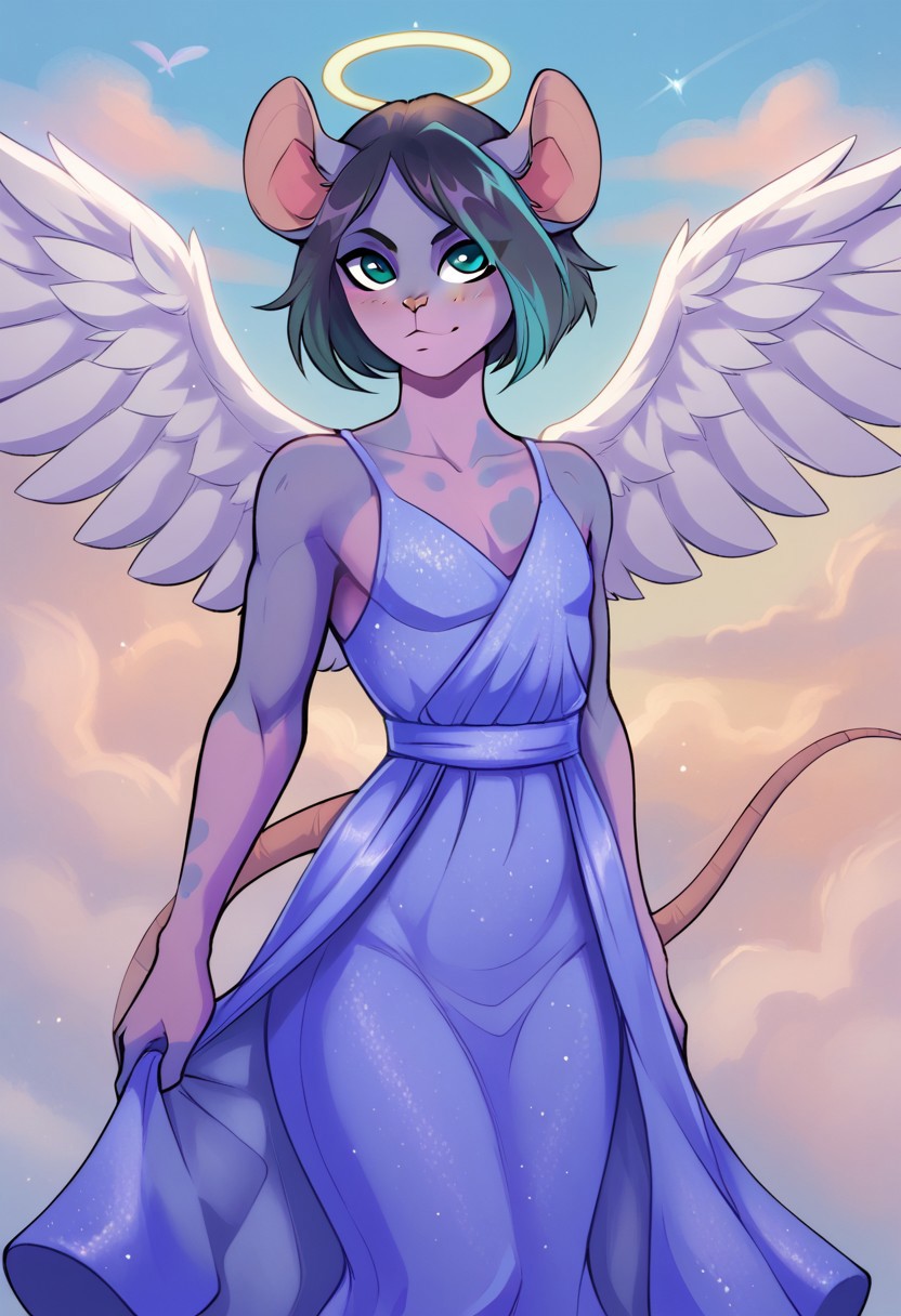 <lora:Scappo_Style_v2_PonyXL:0.8> by scappo, scappo,  score_9, score_8_up, score_7_up, kirisynpxl, 1boy, solo, femboy,mouse, short hair, multicolored hair, dark hair, turquoise bangs,turquoise bangs, turquoise eyes, purple body, pink belly, big ass, mouse tail, mouse ears, BREAK, cute, Face to face, thigh gap, perfect, high quality, high definition, angelic, angel wings, heavenly, godlike, clouds, flowing robes, light spots, dress,