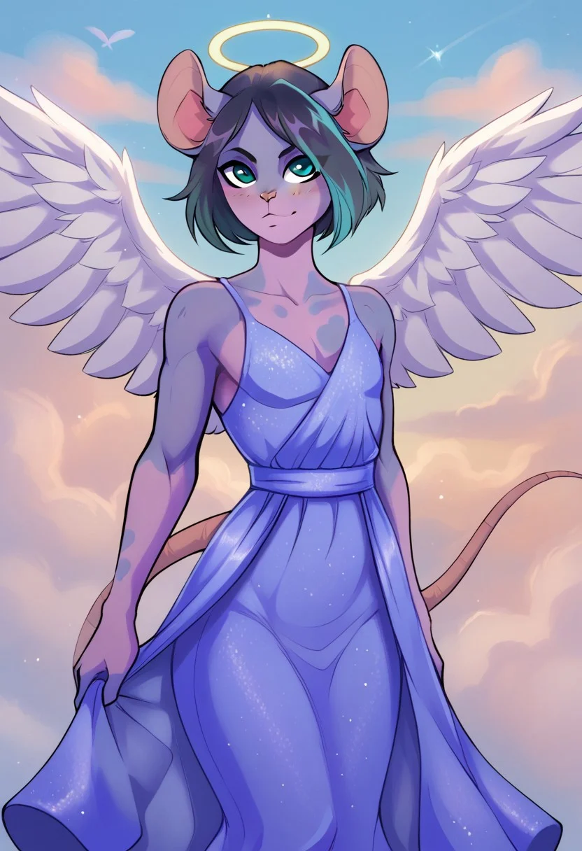 <lora:Scappo_Style_v2_PonyXL:0.8> by scappo, scappo, score_9, score_8_up, score_7_up, kirisynpxl, 1boy, solo, femboy,mouse, short hair, multicolored hair, dark hair, turquoise bangs,turquoise bangs, turquoise eyes, purple body, pink belly, big ass, mouse tail, mouse ears, BREAK, cute, Face to face, thigh gap, perfect, high quality, high definition, angelic, angel wings, heavenly, godlike, clouds, flowing robes, light spots, dress,