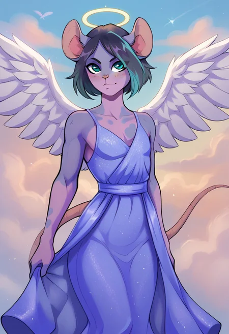 <lora:Scappo_Style_v2_PonyXL:0.8> by scappo, scappo, score_9, score_8_up, score_7_up, kirisynpxl, 1boy, solo, femboy,mouse, short hair, multicolored hair, dark hair, turquoise bangs,turquoise bangs, turquoise eyes, purple body, pink belly, big ass, mouse tail, mouse ears, BREAK, cute, Face to face, thigh gap, perfect, high quality, high definition, angelic, angel wings, heavenly, godlike, clouds, flowing robes, light spots, dress,