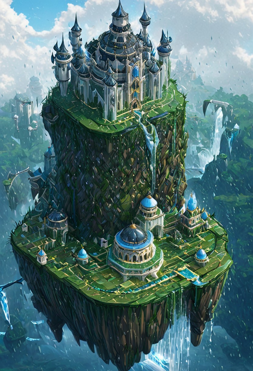 castle,
A traveler looking at a gigantic castle made of dozens of towers, medical, white, grass,matchcraft floating island , ((floating island)), ((towers )),( sky ), (fly ), cloud,waterfall, raining, breezes, stream of water, river