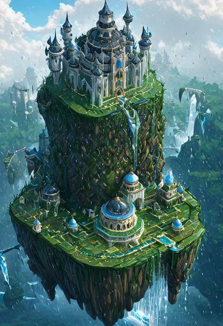 castle,
A traveler looking at a gigantic castle made of dozens of towers, medical, white, grass,matchcraft floating island , ((floating island)), ((towers )),( sky ), (fly ), cloud,waterfall, raining, breezes, stream of water, river