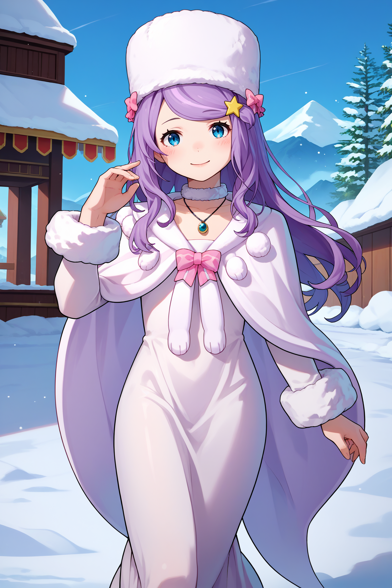 score_9, score_8_up, score_7_up, score_6_up, source_anime, 1girl, solo,   <lora:rzanastasia-pdxl-nvwls-v1-000006:1> rzAH, lavender hair, long hair, swept bangs, blue eyes, fur hat, white hat, star hair ornament, fur choker, necklace, white cape, fur trim, white dress, long dress, pink bow, long sleeves, looking at you, walking, snow, blue sky, happy, blush, hand up