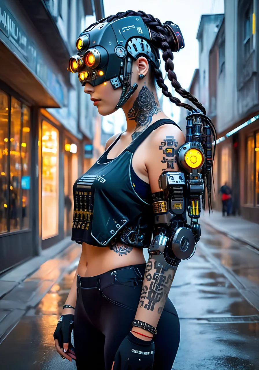 a germanwoman with cybernetic robot head, <lora:excybertechsdxl:1>, excybertechsdxl, best quality, masterpiece, cyborg, mechanical parts, cyberpunk outfit, braids, glowing eyes, full body, street outfit,