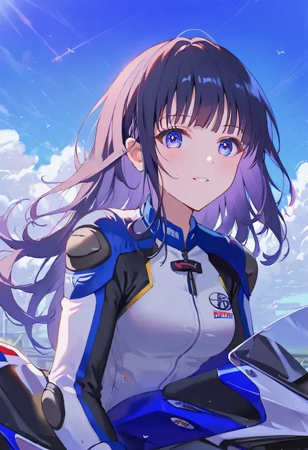 masterpiece, score_9, score_8_up, score_7_up, EasyNegative_v2, (best quality:1.1), ultra-detailed, high resolution, super detailed skin, beautiful detailed eyes, nsfw, Brightly Lit, Highly Visible, 8k, sharp focus, beautiful, perfect lighting, beautiful eyes, anatomically correct, anatomically correct face, extremely detailed eyes, smooth edges, beautiful face, source_anime, biker clothes, boots, blue&white bikesuit, knee pads, 1girl, upper body, elbow pads, gloves, ground vehicle, motorcycle, riding, view from below, biker clothes, bikesuit, helmet, motorcycle helmet, gloves, boots, knee pads, elbow pads,