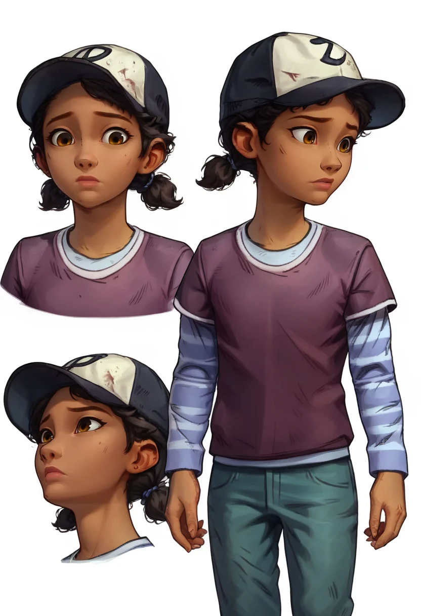 score_9, score_8_up, score_7_up, score_6_up, score_5_up, score_4_up, conceptart,multiple views,white background,simple background,<lora:concept:1>
1girl, black hair, short twintails, brown eyes, dark skin, dark-skinned female
shirt, layered sleeves, short over long sleeves, long sleeves, pants, hat, baseball cap
<lora:princess_xl_v1:0.7>, <lora:Expressive_H:0.6>, <lora:incase-ilff-v3-4:0.5>, <lora:MysticalPlantPenetratorPDXL:0.5>, <lora:ClementineS2:1>