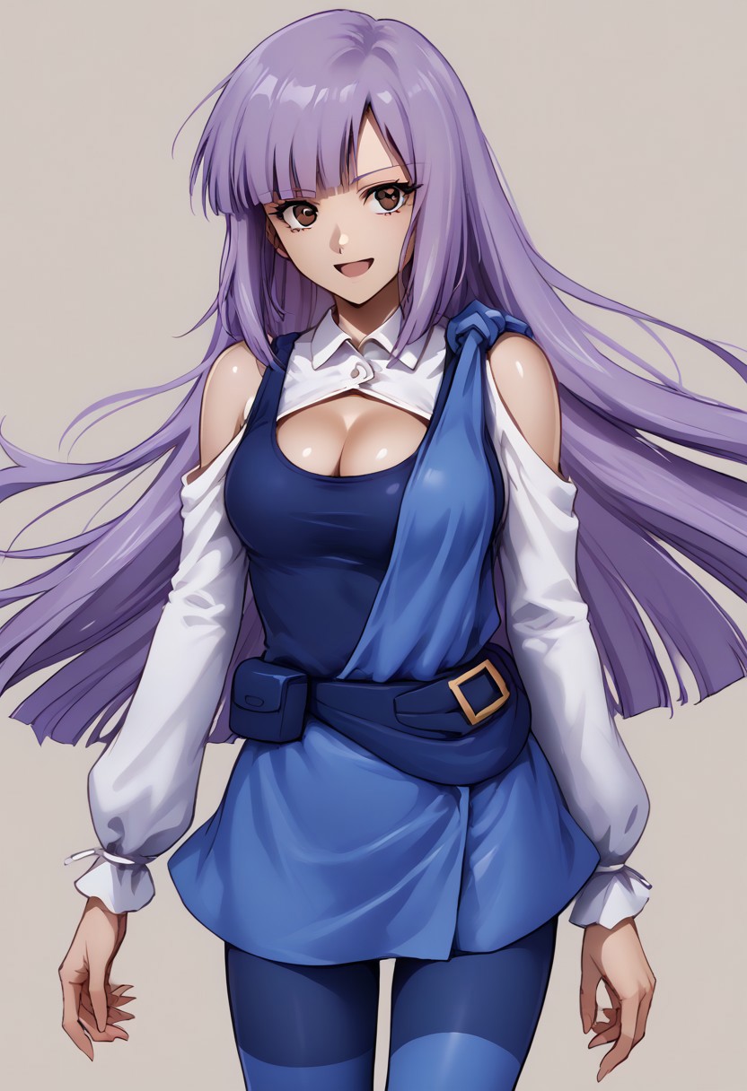 score_9, score_8_up, score_7_up, source_anime, good anatomy, 1girl, solo, RouxLouka, lavender hair, hime cut, long hair,brown eyes, blue tanktop, cleavage cutout, white sleeves, bare shoulder, light blue short dress, fanny pack, blue pantyhose, light blue legwarmers, white boots, standing, smiling, open mouth, contrapposto