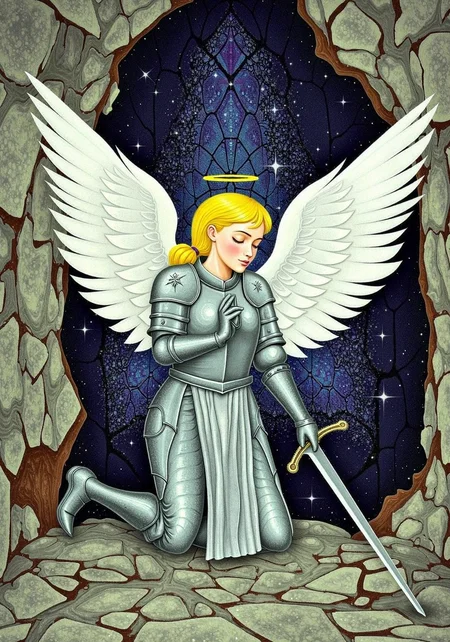 Ebru, Paper Marbling, blonde female angel with large unfurled wings and halo, eyes closed in prayer, blonde ponytail with bangs, wearing plate armor, leaning on claymore longsword hands clasped around the handle, the tip of the sword is against the ground, cracks in concrete emanating from her in a collapsed chapel with caved in ceiling, with stained glass in the background, pitch back night with stars the only light coming heavenly cone of light, full body, depth of field, innocent face, her hands are not deformed<lora:Marbled_Magic_Paper_Marbling_FLUX_V1.safetensors:1:1>