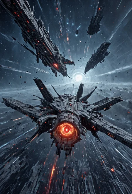 h0rr0rstyl3, CosmicStyle, cinematic wormhole scene, fractured light tunnel, battle-worn cruisers emerging from transit, warfleet surge in V-formation, flickering hull lights under dimensional stress, cracked plating, emergency repair drones visible mid-flight, glowing red hazard beacons, cold void backdrop with torn starscape, ancient carrier ship flanked by smaller strike craft, jagged stealth modules, military gray over scorched matte-black, tactical escape from unseen predator, ultrarealistic science fiction concept art, war-torn sky migration, fractal spatial ripples