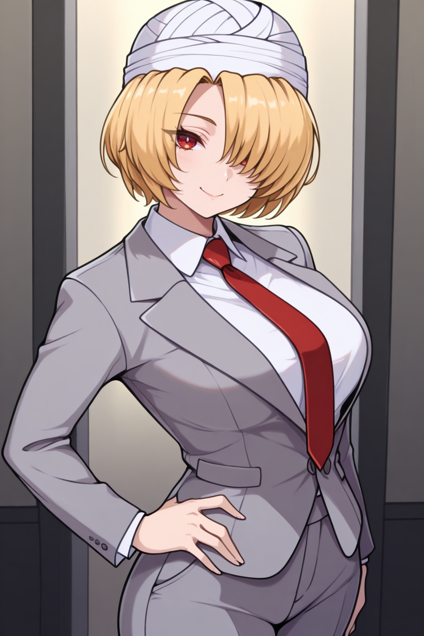 masterpiece, best quality, 1girl, solo, <lora:sheik-illu-nvwls-v1-000006:1> ootshk, blonde hair, hair over one eye, red eyes, turban, suit jacket, grey jacket, grey pants, white shirt, collared shirt, red necktie, looking at viewer, smile, hand on hip, breasts, office