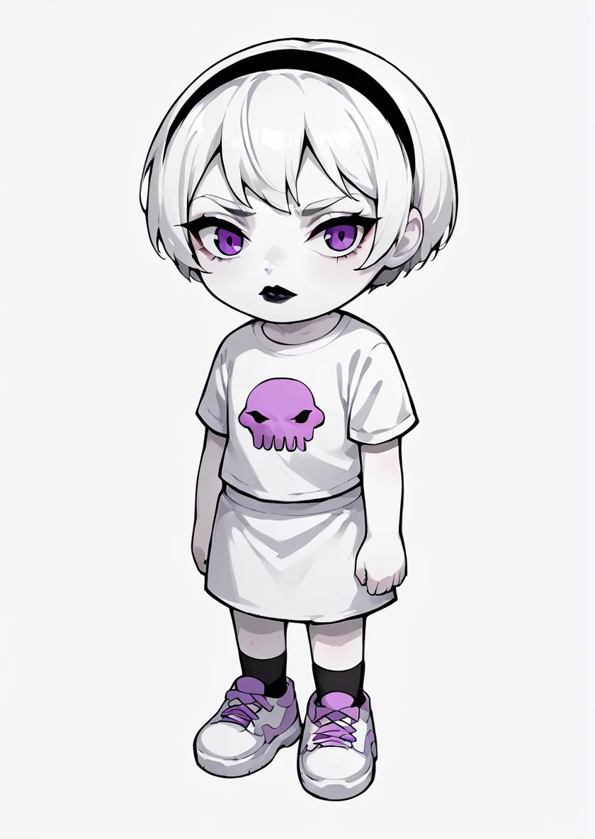 core_9, score_8_up, score_7_up, score_6_up, score_5_up, score_4_up, 1girl, white hair, black hairband, black lips, purple eyes, shirt print, <lora:Rose_Lalonde_-_outfits:0.8>, rosestart, shirt print, solo, simple background, shirt, 1boy, white background, standing, monochrome, full body, hairband, shoes, chibi, :3, white shirt, white skirt, pale skin, white skin, BREAK source_anime