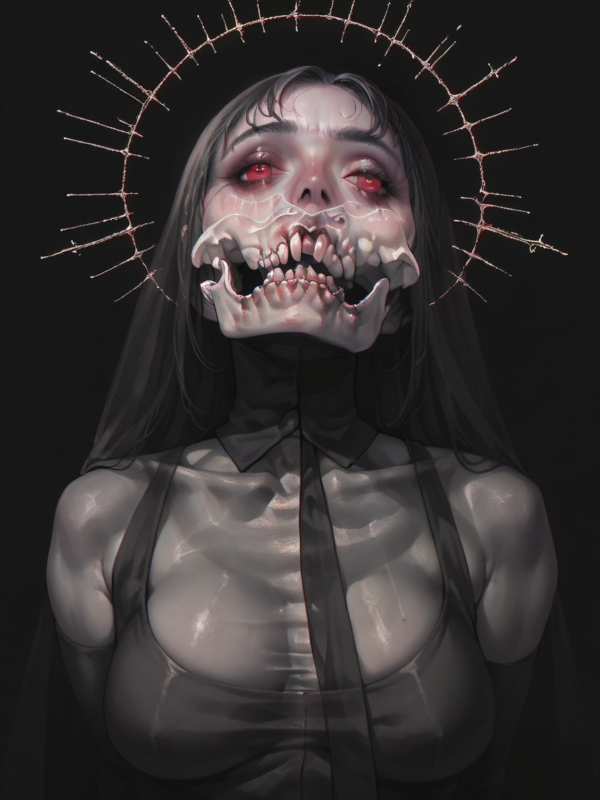 score_9, score_8_up, score_7_up, score_6_up, score_5_up,  gh0stly, black background, horror (theme),  <lora:Gh0stlyXLP:0.7> long hair, red eyes,large breasts,