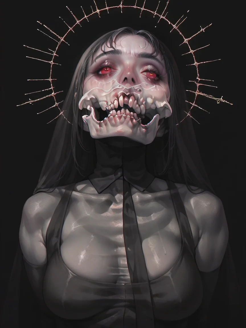 score_9, score_8_up, score_7_up, score_6_up, score_5_up, gh0stly, black background, horror (theme), <lora:Gh0stlyXLP:0.7> long hair, red eyes,large breasts,