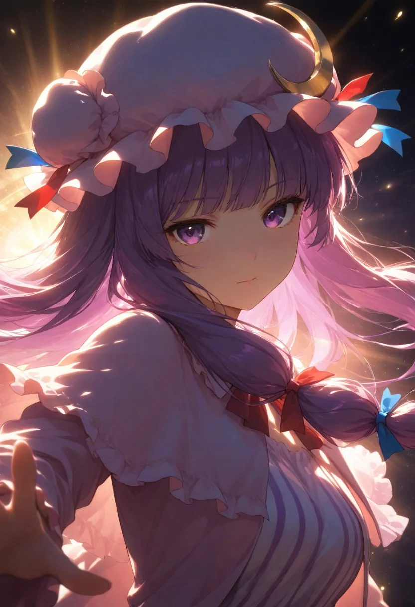 volumetric lighting, ambient occlusion, luminescent background, masterpiece, best quality, absurdres,masterpiece, best quality, very awa, absurdres,,mage
BREAK
dynamic pose,dynamic angle,upper body focus, close-up, cinematic angle, looking at viewer
BREAK
patchouli knowledge, 1girl, solo, purple hair, purple eyes, long hair, mob cap, crescent hat ornament, mob cap,