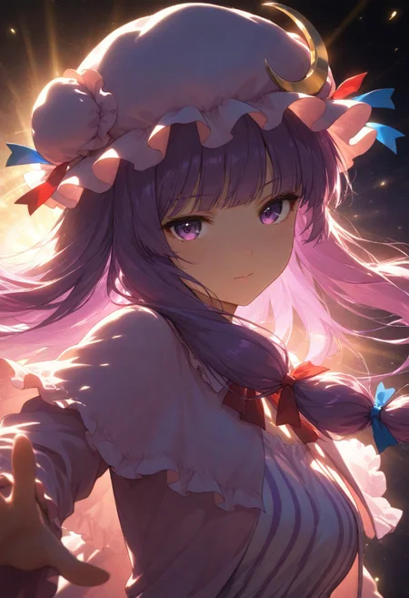 volumetric lighting, ambient occlusion, luminescent background, masterpiece, best quality, absurdres,masterpiece, best quality, very awa, absurdres,,mage
BREAK
dynamic pose,dynamic angle,upper body focus, close-up, cinematic angle, looking at viewer
BREAK
patchouli knowledge, 1girl, solo, purple hair, purple eyes, long hair, mob cap, crescent hat ornament, mob cap,