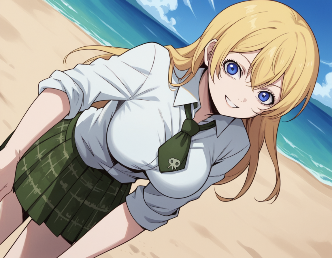 score_9, score_8_up, score_7_up, source_anime,
btooomhimiko, <lora:btooom-himiko-s1-ponyxl-lora-nochekaiser:1>,
himiko, long hair, blue eyes, blonde hair, large breasts,
skirt, shirt, school uniform, white shirt, pleated skirt, necktie, plaid, plaid skirt, sleeves rolled up,
beach, bent over, smile,
looking at viewer, cowboy shot, solo, dutch angle