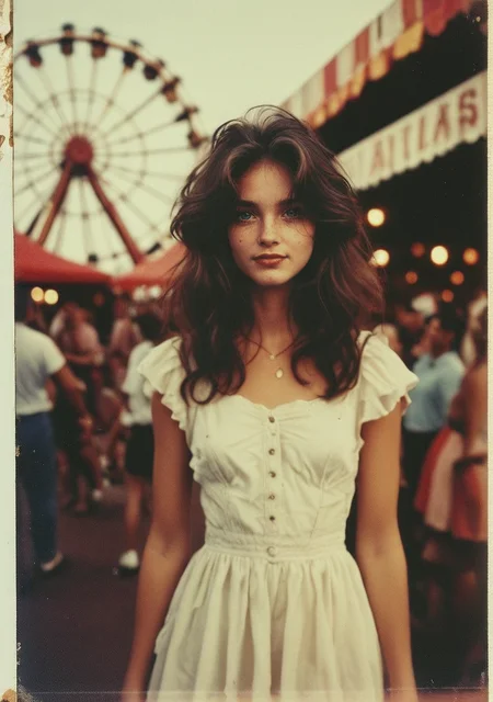score_9_up, score_8_up, score_7_up, score_6_up, <lora:PLRD:0.9> PLRD, Polaroid photo, authentic Polaroid texture, retro aesthetic, 1 gorgeous girl, 1girl, young girl 1950's image, retro, long dark hair, messy style hair, smooth face, blue eyes, white dress, simple dress, tan skin, rural setting, carnival background, ferris wheel,night:1.3, dark, indirect light, detailed background,