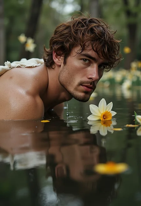 hamanv1, water droplets create a wet water effect, aidmamj6.1
((You are a professional photographer working with an analog photo camera, making masterpiece sensual photographs. Photos are non-explicit, but they are exceptionally emotional, alluring and sensual)).
A cinematic over-the-shoulder composition of Narcissus ((athletic Greek man, 25 years old, sunlit olive skin, white frayed chiton, cascading shoulder-long spiky chestnut curls)) kneeling at the edge of a still forest lake, looking at water. The viewers peers diagonally downward, over his shoulder, his shoulder and windswept hair framing the foreground, while his flawless reflection dominates the water’s surface in hyper-detailed clarity. Individual water droplets on Narcissus’s shoulder, one sliding down to merge with his reflection’s tear. Flowers woven in his hair, frayed edges of his chiton, large airborne iridescent dragonflies frozen mid-flight, airborne daffodil flowers float around . Large passionate green-in-green eyes watch his mirroring reflection whilst the reflection gazes at viewers.
Subject Focus: Reflection: Immaculate mirror-image of Narcissus’s face - symmetrical features, parted full passionate lips, and wide green-in-green eyes fixated on his own beauty.
Distortion: Subtle ripples warp the reflection’s edges.
Foreground: Back of Narcissus’s head, strands of hair catching golden-hour light, loose threads of his chiton grazing the water.
Midground: Pristine reflection framed by narcissus flowers sinking into the abyss.
Background: Darkening forest with ghostly Greco-Roman frescoes peeling off tree trunks, Echo’s shadow faintly etched into bark.
Lighting & Atmosphere:
Overcast skies, soft colors, soft light, single sunbeam in the damp air illuminates the reflection like a spotlight, while the surrounding water absorbs light into black velvet depths.
Subsurface scattering in the lake mimics liquid mercury, blending realism with surrealism.
Technical Specs:
Shot with a 105mm macro lens (f/2.8), shallow depth of field blurring the forest into abstract brushstrokes, reflection rendered in 4K sharpness.
Muted colors, keep background frescoes at 20% opacity to maintain focus on the reflection. Dappled sunlight creates a halo effect around his reflection, contrasting with the murky depths,
Hyper-detailed, long exposure, motion blur, photorealistic, ornate, intricate, intrinsic details, cinematic shot, bokeh. ((Dutch angle!)). Imposing side view, perfect rendering, real, masterpiece of photography, very detailed, very high quality, 8K, UHD, HDR, sharp focus on man's face and torso, shallow depth of field.