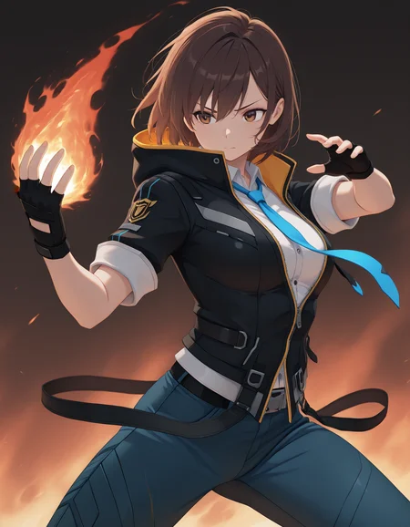 <lora:JINSOUTFITDEFAULTV3_5:0.8>ã1girl,solo,white shirt,short sleeves,blue pants,black jacket,black gloves,fingerless gloves,belt,collared shirt,hood down,blue necktie,brown hair,brown eyes,  best quality,masterpiece, amazing quality,detailed_eyes,fighting,fire,medium breasts,