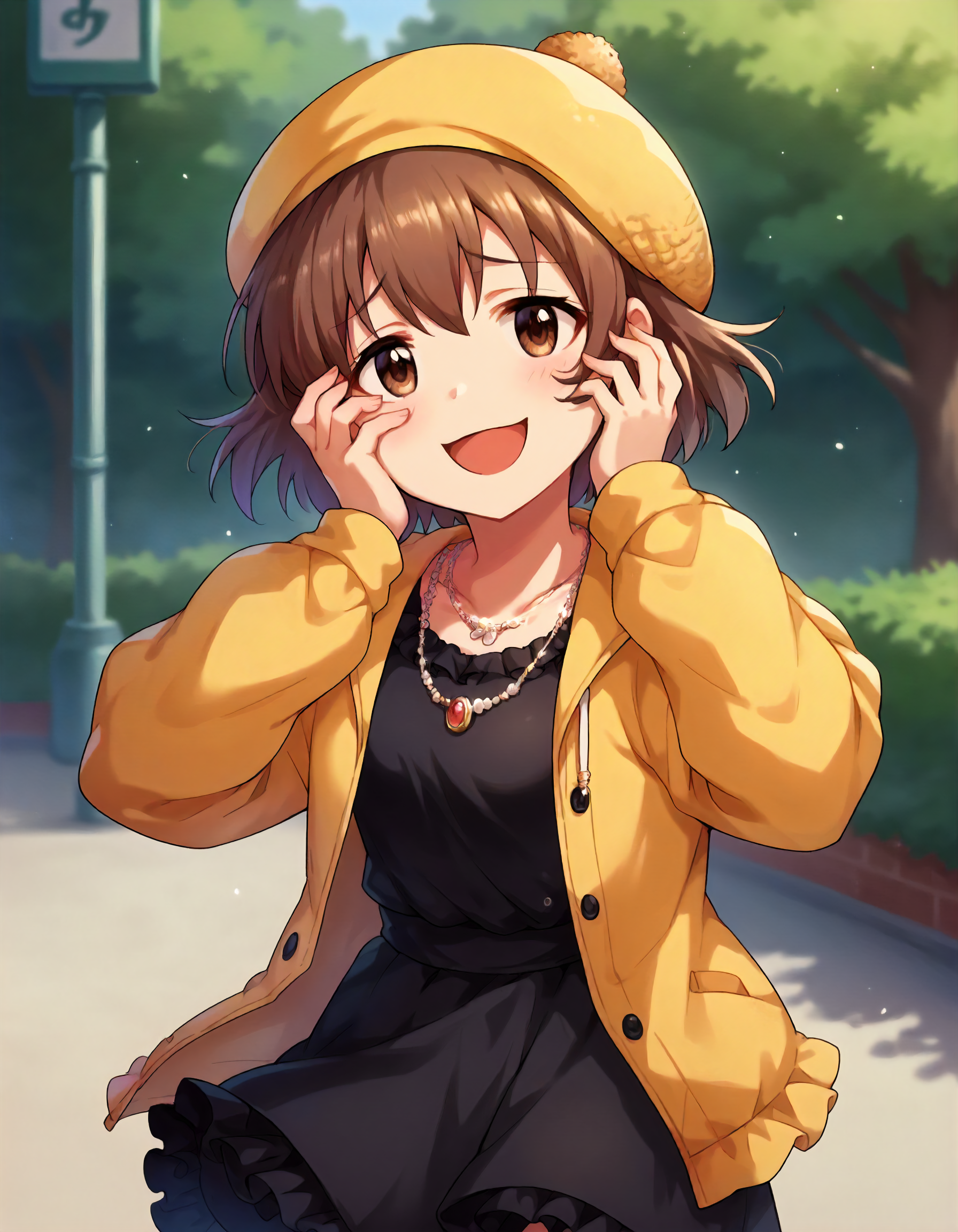 score_9,score_8_up,score_7_up,1girl,solo,cowboy shot,looking at viewer,lovestruck,smile,open mouth,wide mouth,hands on own face,outdoors,
 <lora:kitahinako_ponyXLV6:0.8>,cgkhn,brown hair,short hair,brown eyes,
yellow hat,yellow hoodie,necklace,black dress,frilled dress
