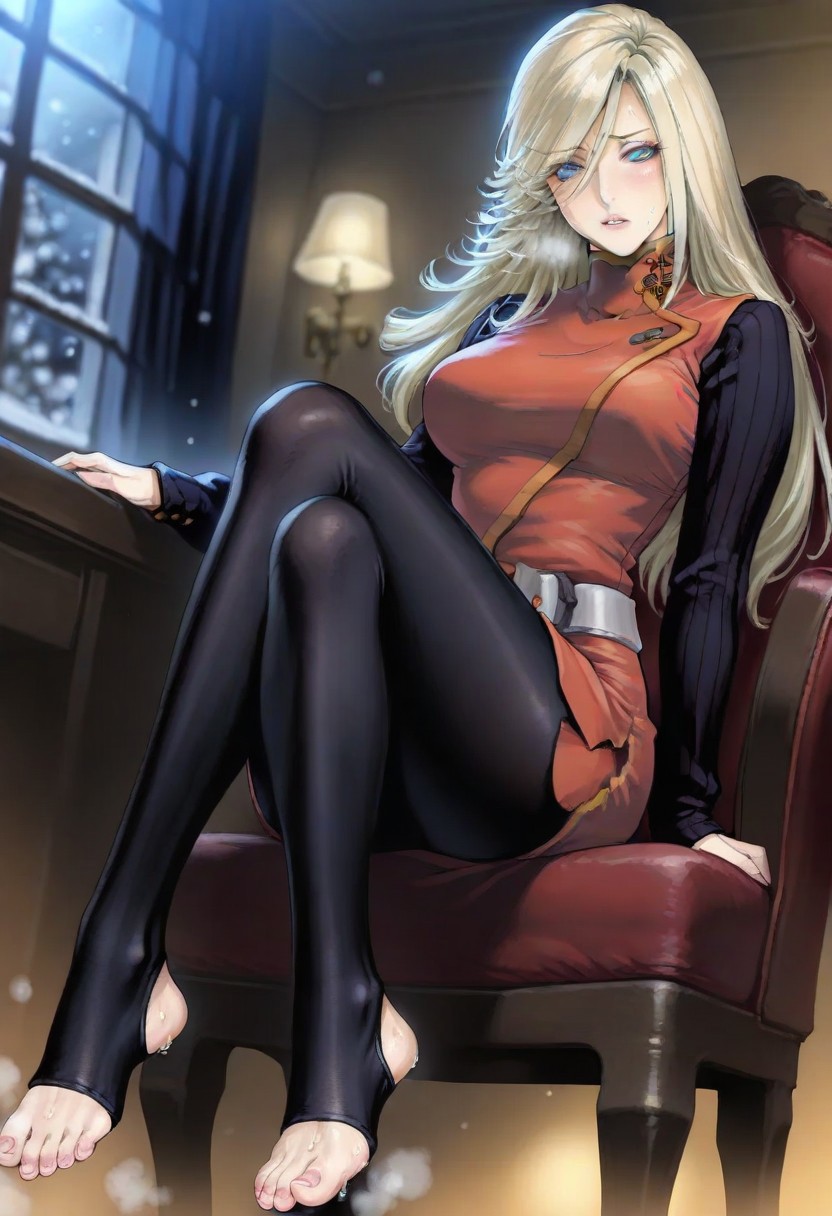 masterpiece,best quality,amazing quality,
<lora:yokoBelnadesIL:1>,cvyoko,
1girl,solo,
blonde hair,long hair,bangs,blue eyes,looking at viewer,parted lips,
black long sleeves sweater underneath,red tunic,high collar,white belt,
black tights,
sitting,on chair,cross legs,from below,
blurry background,depth of field,soft lighting,light particles,vignetting,
indoors,window,snow,vintage style,night,warm,lamp,fireplace, toenail polish, nail polish, steam, ((sweaty feet)), ((sweaty toes)), solo, blush, embarrassed, ((toeless legwear))