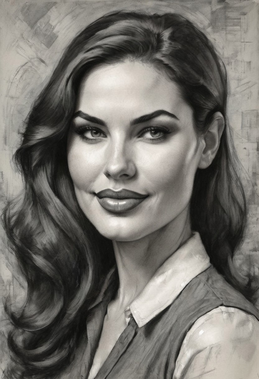 In the energetic and unmistakable style of Dan DeCarlo, a striking charcoal portrait presents a captivating woman with elegant Ukrainian features. Her exceptionally long, voluminous hair cascades in rich waves, framing her radiant face with a blend of playful mischief and effortless beauty. She winks with flirtatious charm, her splendid smile exuding warmth and confidence. The bold, fluid charcoal strokes outline her features with dynamic precision, staying true to DeCarlo’s signature pin-up aesthetic. Smooth shading and crisp lines bring depth to her expression, emphasizing her lively eyes and the graceful curves of her face. The portrait maintains a balance between stylized exaggeration and natural elegance, capturing the vivacity and allure that define mid-century comic art. The digital execution sharpens each detail while preserving the classic charcoal texture, making every strand of hair and subtle highlight come to life. With a minimal yet expressive background that accentuates her dynamic presence, this piece is a perfect fusion of nostalgia, charm, and modern artistry. charcoal drawing.