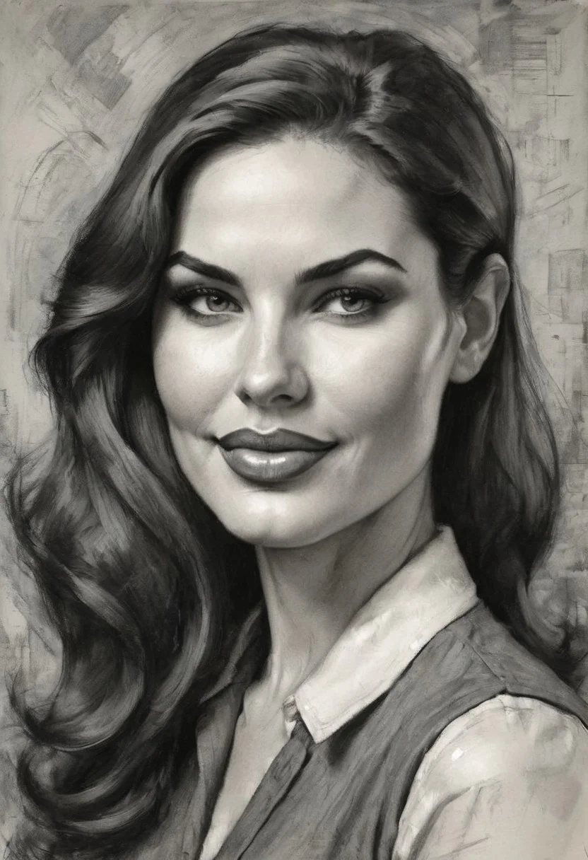 In the energetic and unmistakable style of Dan DeCarlo, a striking charcoal portrait presents a captivating woman with elegant Ukrainian features. Her exceptionally long, voluminous hair cascades in rich waves, framing her radiant face with a blend of playful mischief and effortless beauty. She winks with flirtatious charm, her splendid smile exuding warmth and confidence. The bold, fluid charcoal strokes outline her features with dynamic precision, staying true to DeCarlo’s signature pin-up aesthetic. Smooth shading and crisp lines bring depth to her expression, emphasizing her lively eyes and the graceful curves of her face. The portrait maintains a balance between stylized exaggeration and natural elegance, capturing the vivacity and allure that define mid-century comic art. The digital execution sharpens each detail while preserving the classic charcoal texture, making every strand of hair and subtle highlight come to life. With a minimal yet expressive background that accentuates her dynamic presence, this piece is a perfect fusion of nostalgia, charm, and modern artistry. charcoal drawing.