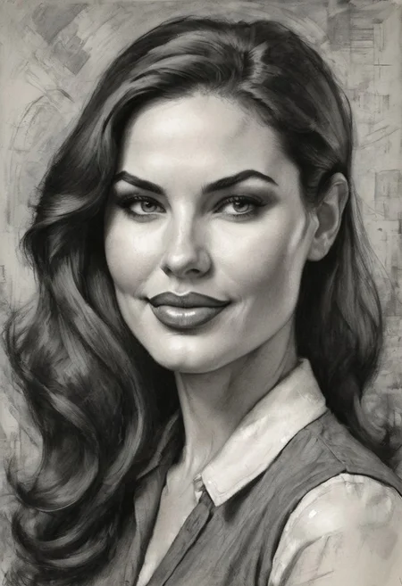 In the energetic and unmistakable style of Dan DeCarlo, a striking charcoal portrait presents a captivating woman with elegant Ukrainian features. Her exceptionally long, voluminous hair cascades in rich waves, framing her radiant face with a blend of playful mischief and effortless beauty. She winks with flirtatious charm, her splendid smile exuding warmth and confidence. The bold, fluid charcoal strokes outline her features with dynamic precision, staying true to DeCarlo’s signature pin-up aesthetic. Smooth shading and crisp lines bring depth to her expression, emphasizing her lively eyes and the graceful curves of her face. The portrait maintains a balance between stylized exaggeration and natural elegance, capturing the vivacity and allure that define mid-century comic art. The digital execution sharpens each detail while preserving the classic charcoal texture, making every strand of hair and subtle highlight come to life. With a minimal yet expressive background that accentuates her dynamic presence, this piece is a perfect fusion of nostalgia, charm, and modern artistry. charcoal drawing.