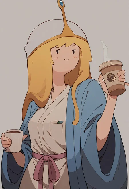 score_9, score_8_up, score_7_up, ((b0bbl3g0m)), wear only bathrobe, one breast oops, holding a cup of coffee in hand, smile, source_cartoon, in the style of adventure time, Expressiveh
, zPDXL