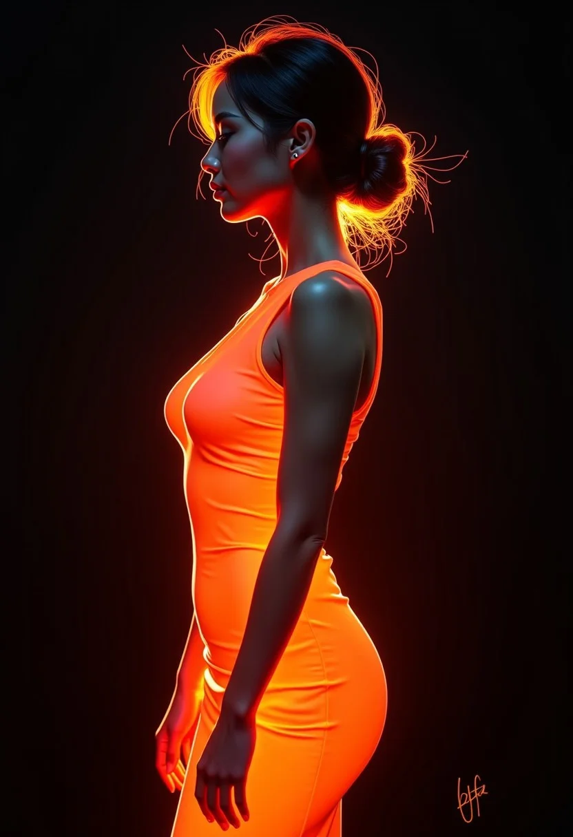 This striking artwork features a stylized portrait of a Asian woman bathed in vibrant neon hues, blending elements of elegance with a futuristic aesthetic. The woman stands in profile, her feminine shapely yet curvy figure accentuated by a sleek, form-fitting dress that radiates in a brilliant orange, contrasting sharply with the cool gray tones of her skin. The dress drapes smoothly along her body, catching the light in a way that emphasizes its texture and the graceful curve of her silhouette. The lighting is bold and dramatic, with intense highlights and shadows that create a sense of depth and intrigue. Her hair is styled in a loose updo, with tendrils softly framing her face and catching the vivid light, creating an almost halo-like effect around her head. The neon glow of the orange light wraps around her form, casting delicate reflections that seem to blend seamlessly into the deep black background, making her appear both ethereal and grounded. The contrast between the warm glow of the orange and the coolness of the gray gives the piece a dual-toned, cinematic quality, reminiscent of cyberpunk art styles. <lora:flux_bra2ha_noirV2_bnr:0.8> BNR style highlights.