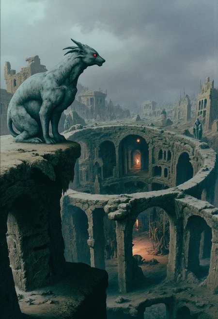 aidmaMJ6.1, Made out of paper, a PaperStyle , d4artstyle, d4concept, , d00mstyle, made of clay, ZBClay model of a gray sculpture AmanoER
Gargoyle perched on the broken parapet of an ancient fortress, its stone body covered in cracks and moss, eyes glowing with an eerie faded red tinted light as it watches over the desolate dungeon below, the wind howling through the ruins, the distant sound of a tolling bell echoes through the valley, signaling the approach of something dark and terrible., in the style of live action dark fantasy, retro, 80s Panavision look
Background solid color with a faded dimly lit, fog-covered darkness tone that emphasizes its silhouette. The medium is not a traditional painting or illustrative medium like watercolor or ink but rather a digital rendering, eerie and unsettling.