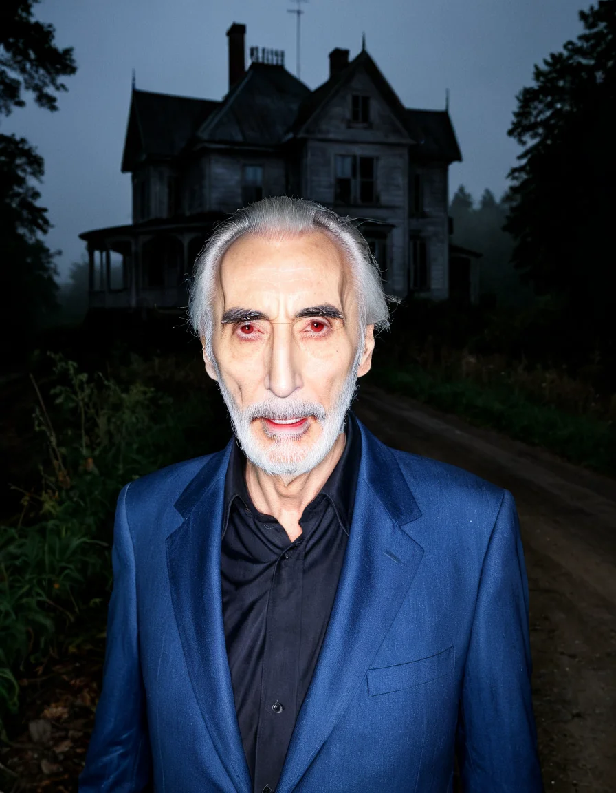 an old christopher lee, vampire alike, with a creepy look, in the foreground, looking at the camera, he is very creepy,creepy enigmatic smile,hes sems to invite you in, nighttime, dense fog, abandoned house, rural road, heavily wooded area, heavy fog, misty, (dark, dim, dim lighting:1.4), creepy, evil, midnight <lora:Rawfully_Stylish_v0.2:1> raw lighting, overexposed, harsh flash, (score_9,score_8_up,score_7_up) (8k, RAW photo, highest quality, best quality, masterpiece, ultra-detailed, hires, absurdres, sharp focus), (photorealistic, hyper-realistic)