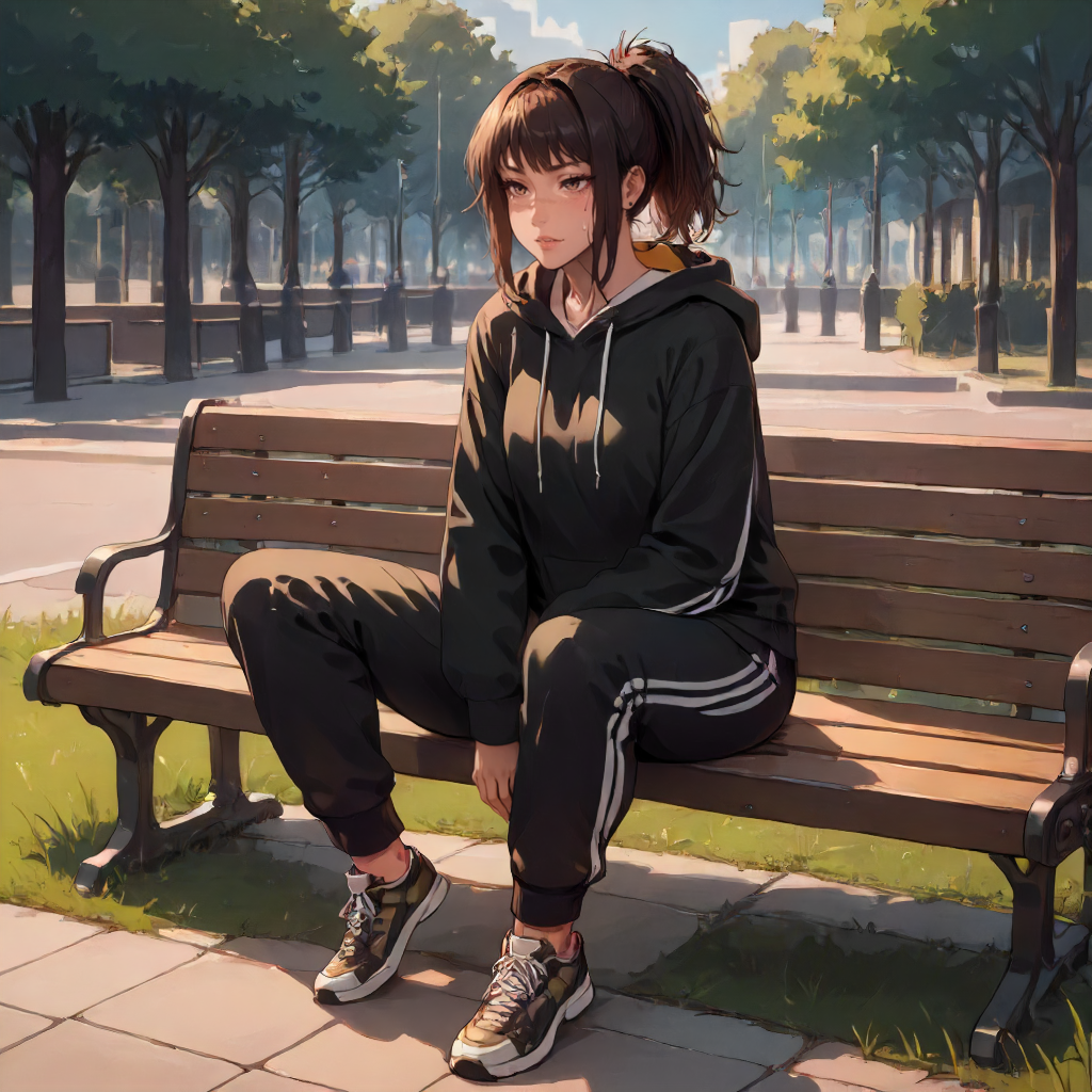 solo, simple background.    <lora:Character CSM Michiko Tendo v2:1> csmt3ndo, 1girl, hoodie, sweatpants, sitting on a bench, park bench, full body, score_9, score_8_up, score_7_up, score_6_up, score_5_up, score_4_up, masterpiece, detailxl. BREAK