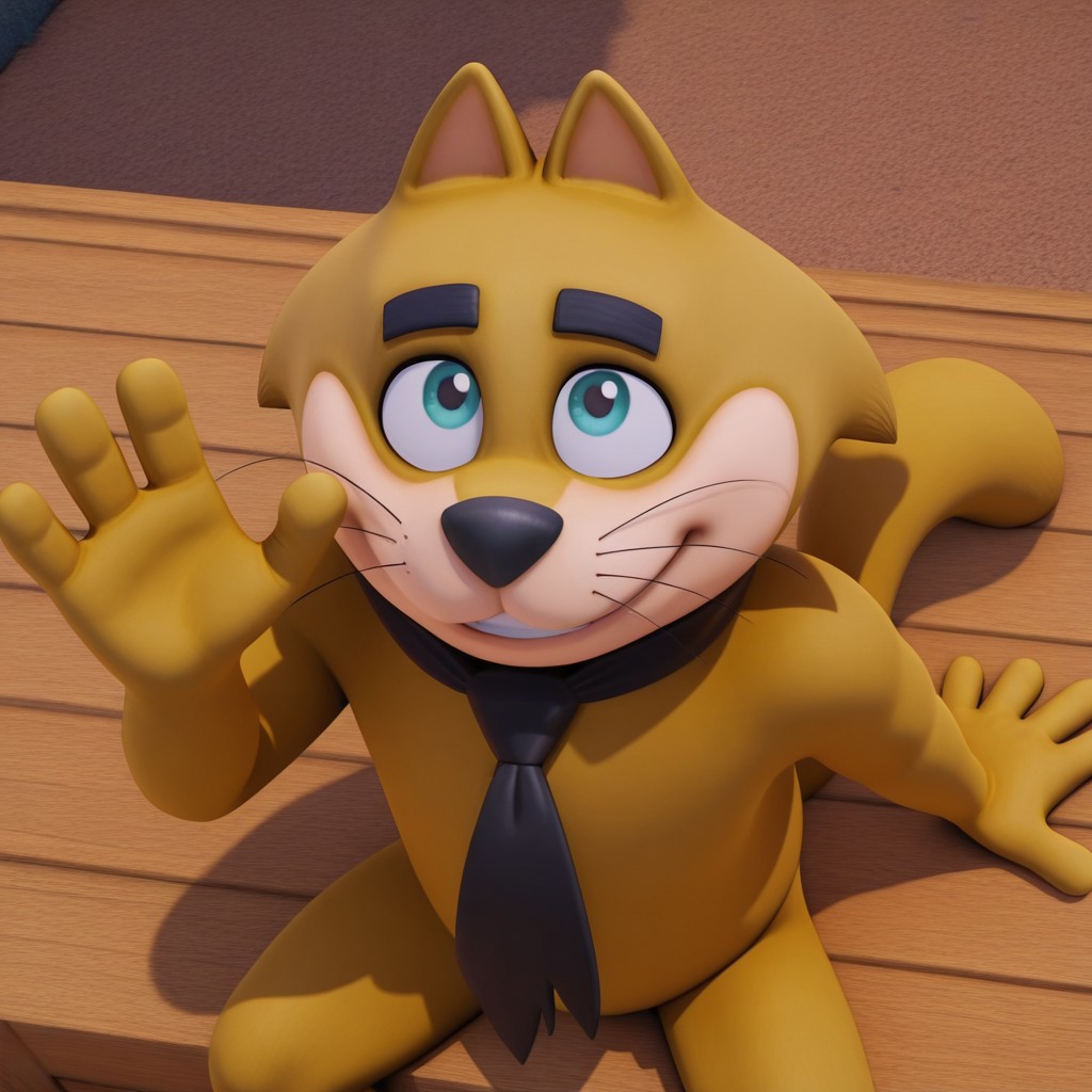 3d, 3d (artwork), 1boy, solo, TCSpook, feline, cat, male, brown fur, brown body, black nose, whiskers, beige muzzle, black eyebrows, thick eyebrows, cyan eyes, tail, countershade torso, black necktie
BREAK outside, sitting on wooden box, looking up at viewer, happy, grinning, waving, from above
BREAK best quality, amazing quality, very aesthetic, absurdres, newest, masterpiece