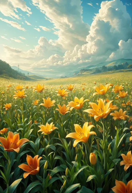 detailed background, from above,( Calm spring morning landscape), beautiful view, Flower Field, lily flower in full bloom, lily flower, early morning, sunrise sky, beautiful clouds, dappled sunlight, 
I can see a windmill in the distance, 
depth of field, masterpiece, best quality, ultra-detailed, very aesthetic, illustration, perfect composition, intricate details, absurdres, moody lighting, wisps of light, no humans,